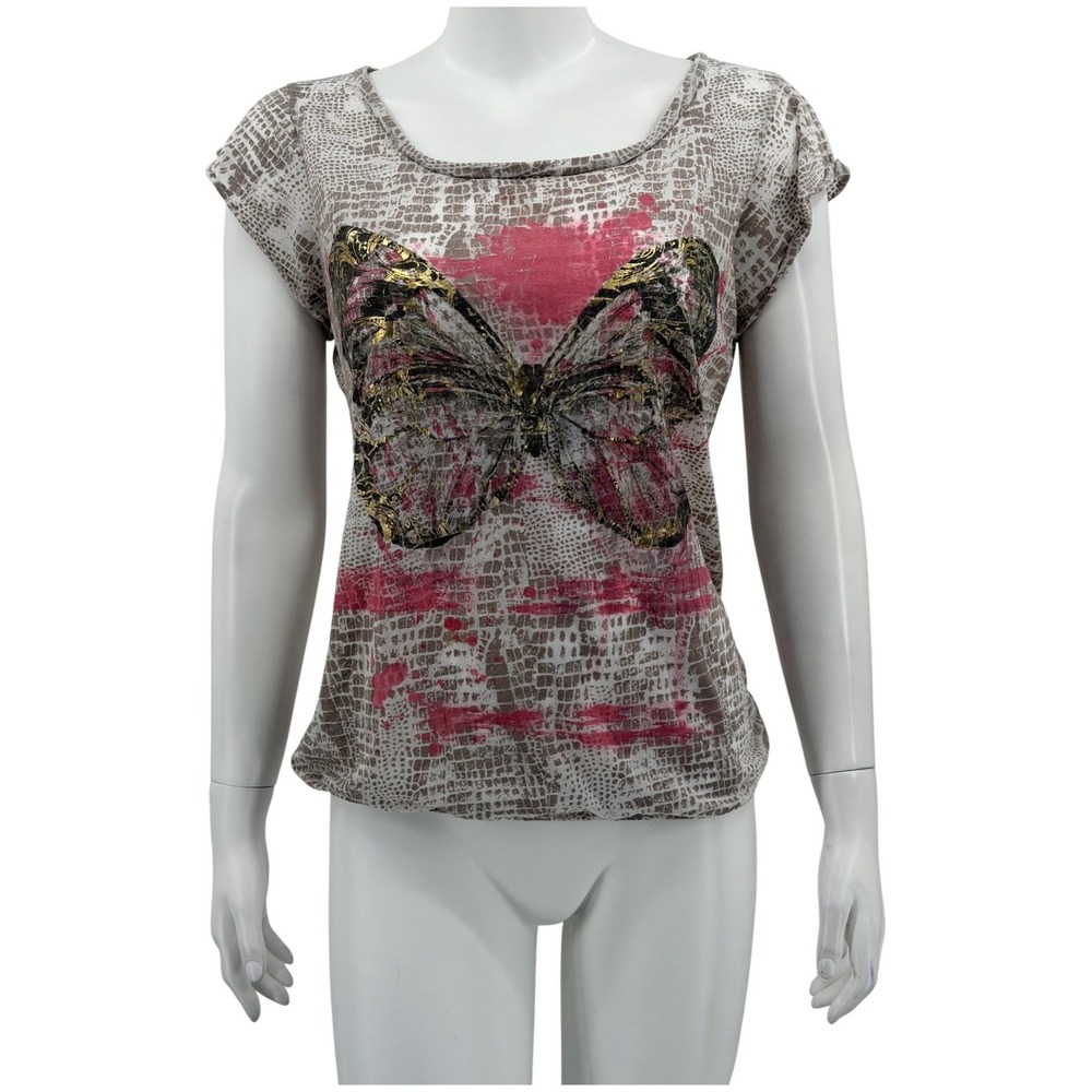 Self Esteem Top Women Large Tan Pink Butterfly Sheer Y2K Grunge Graphic Festival